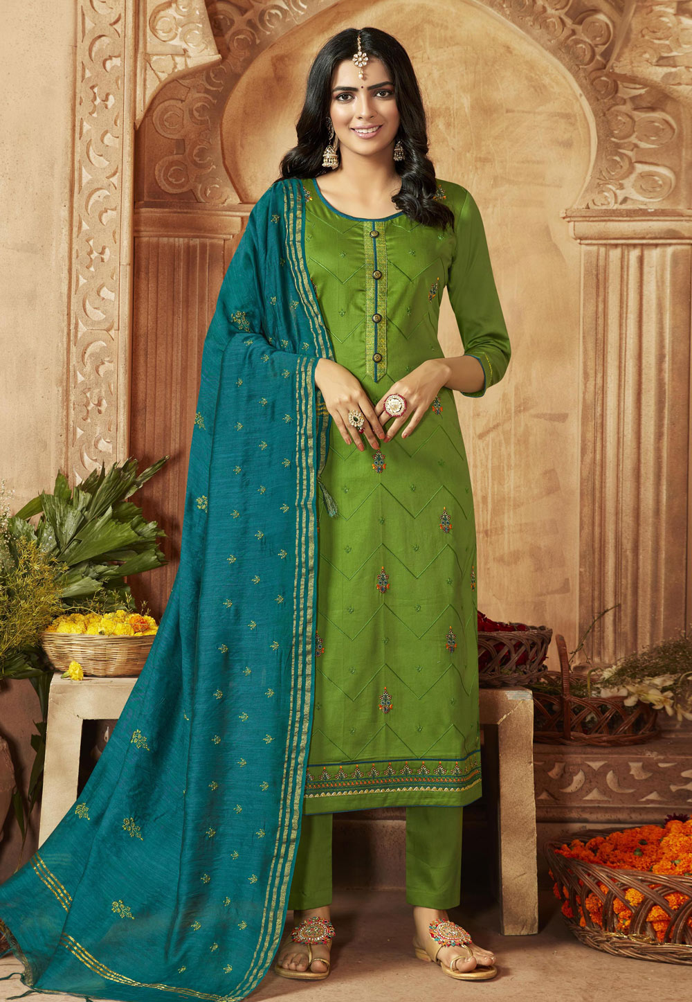 Green Silk Cotton Kameez With Pant 205500