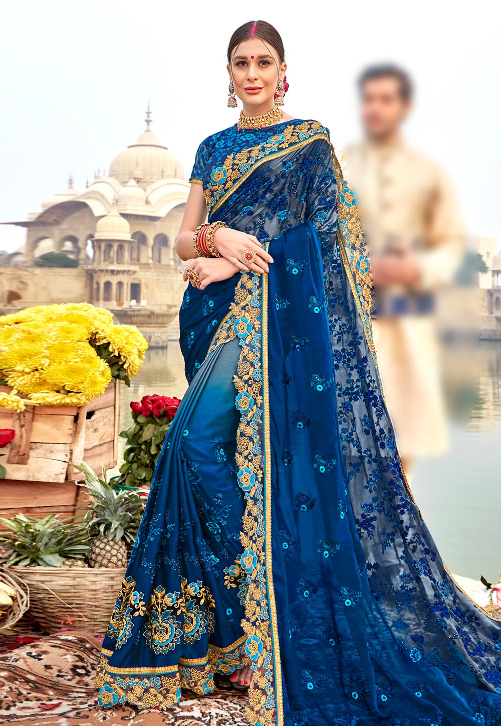 Blue Barfi Silk Saree With Blouse 205488