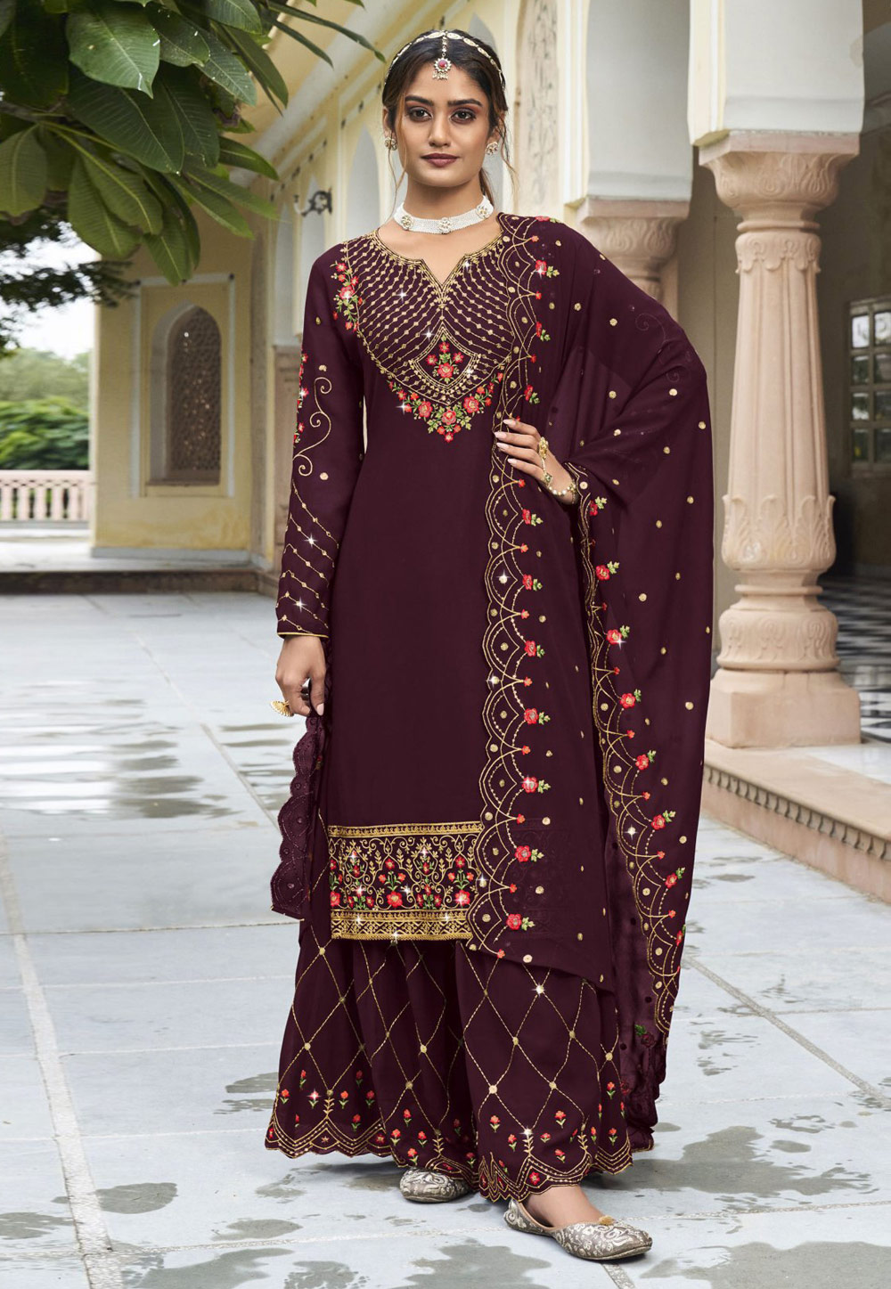 Wine Georgette Sharara Suit 270430