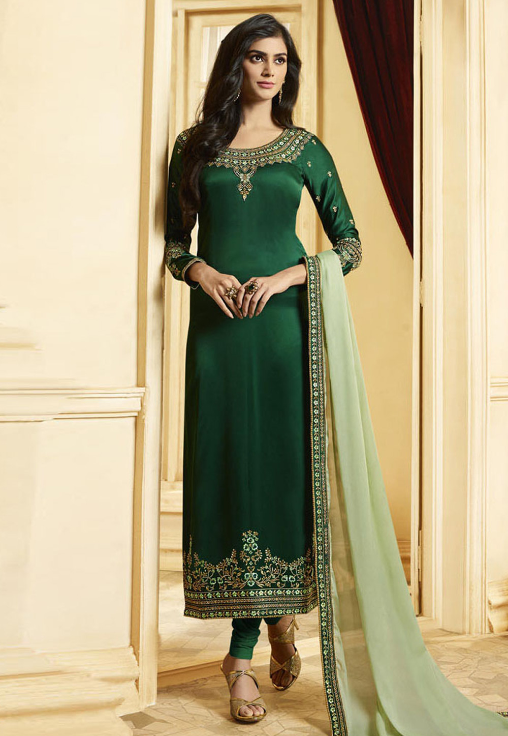 Green Silk Embroidered Silk Straight Cut Salwar Suit 168727