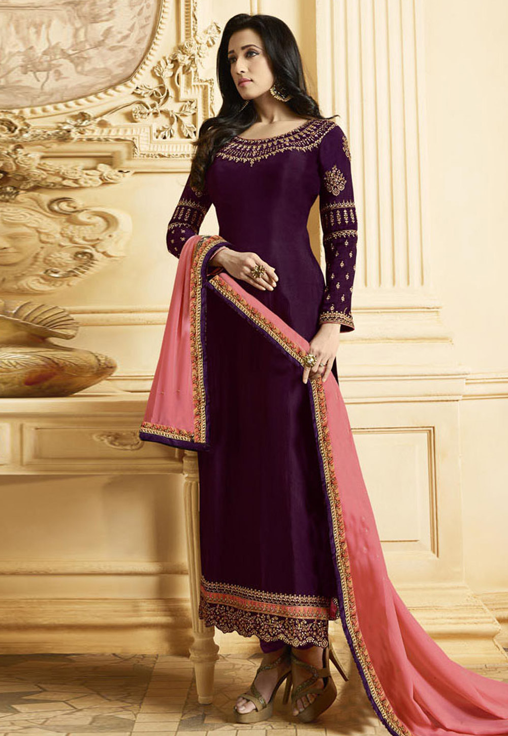 Purple Silk Embroidered Churidar Suit 168728