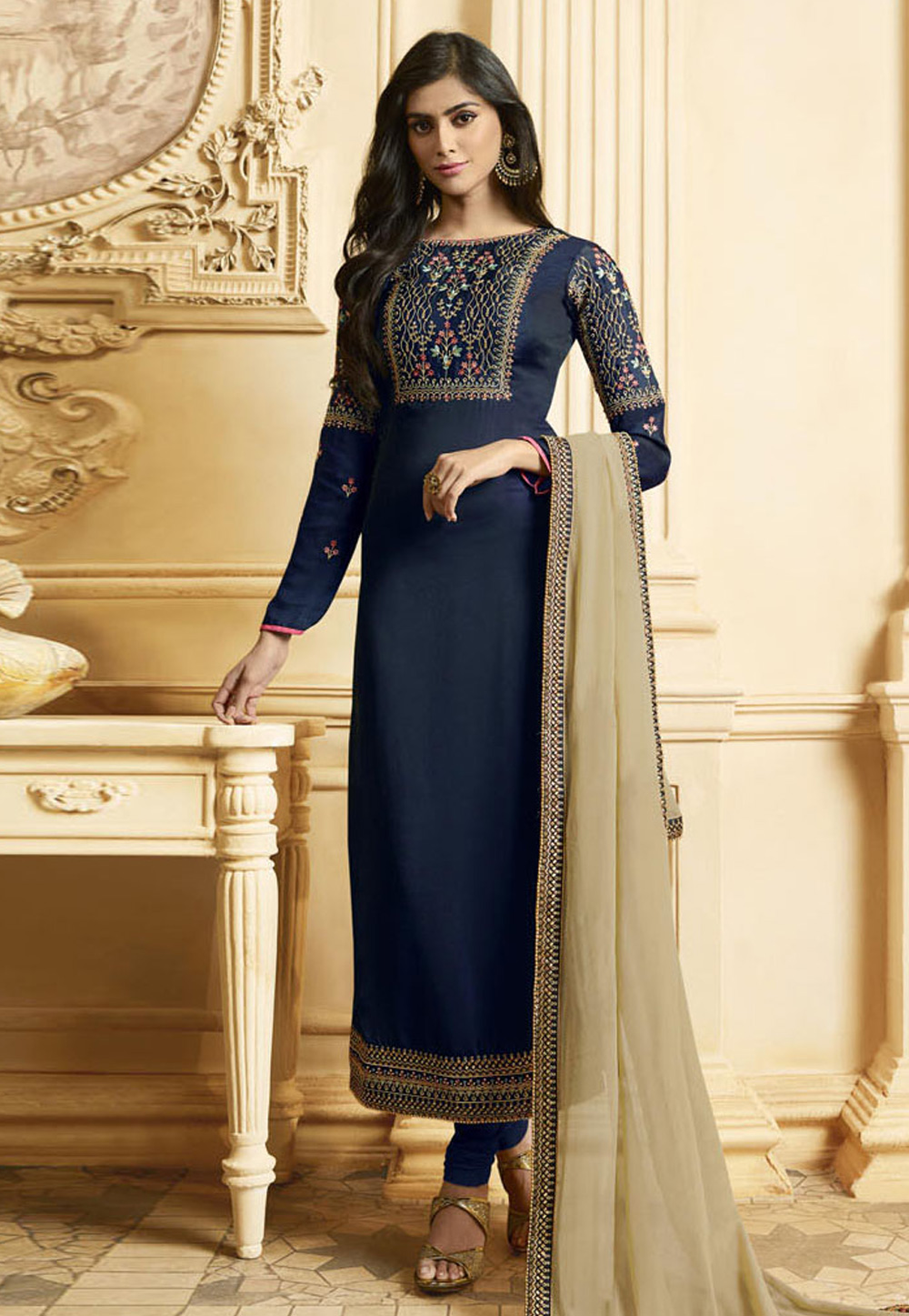 Navy Blue Embroidered Silk Straight Cut Salwar Suit 168729