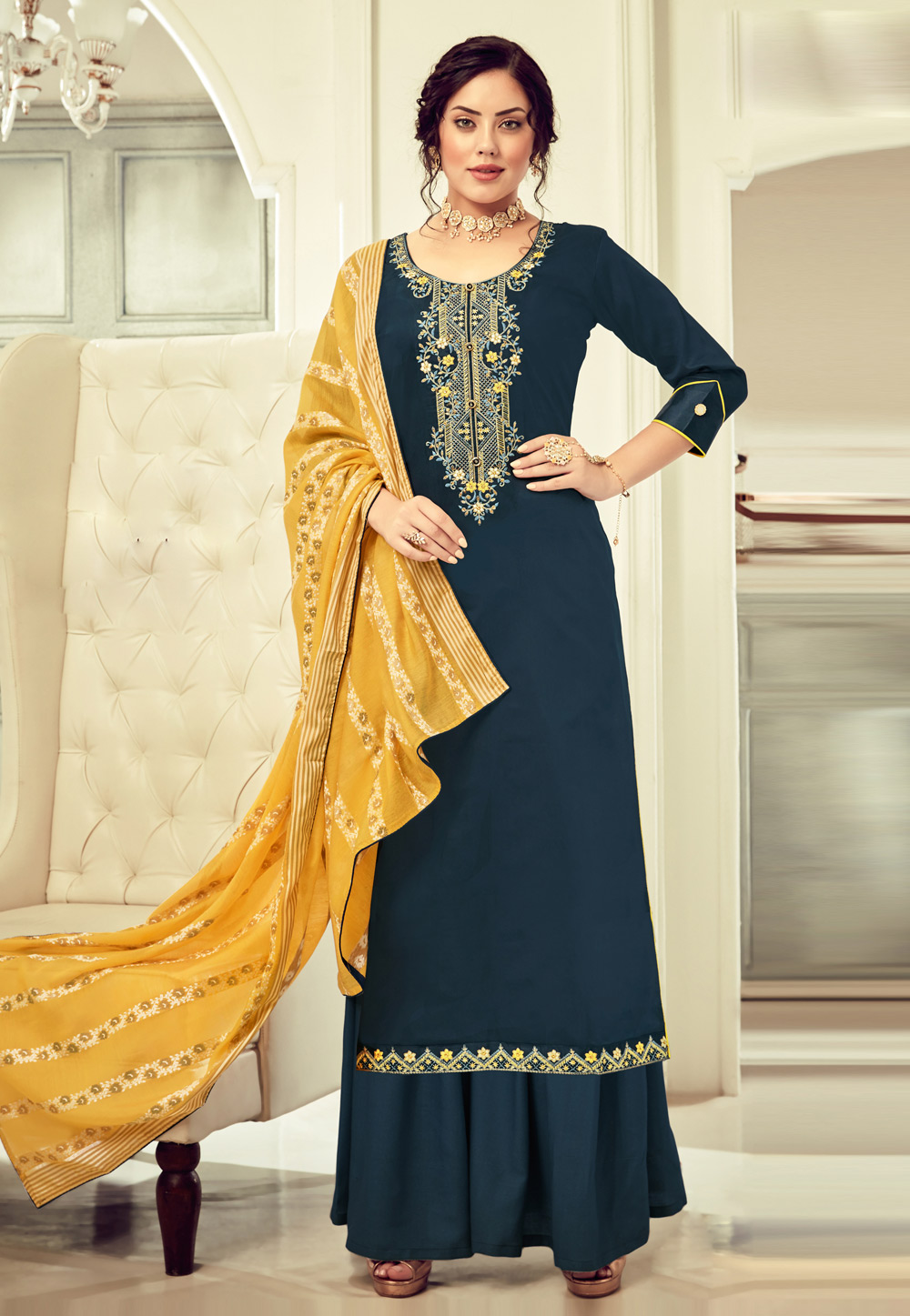 Navy Blue Cotton Kameez With Palazzo 205697