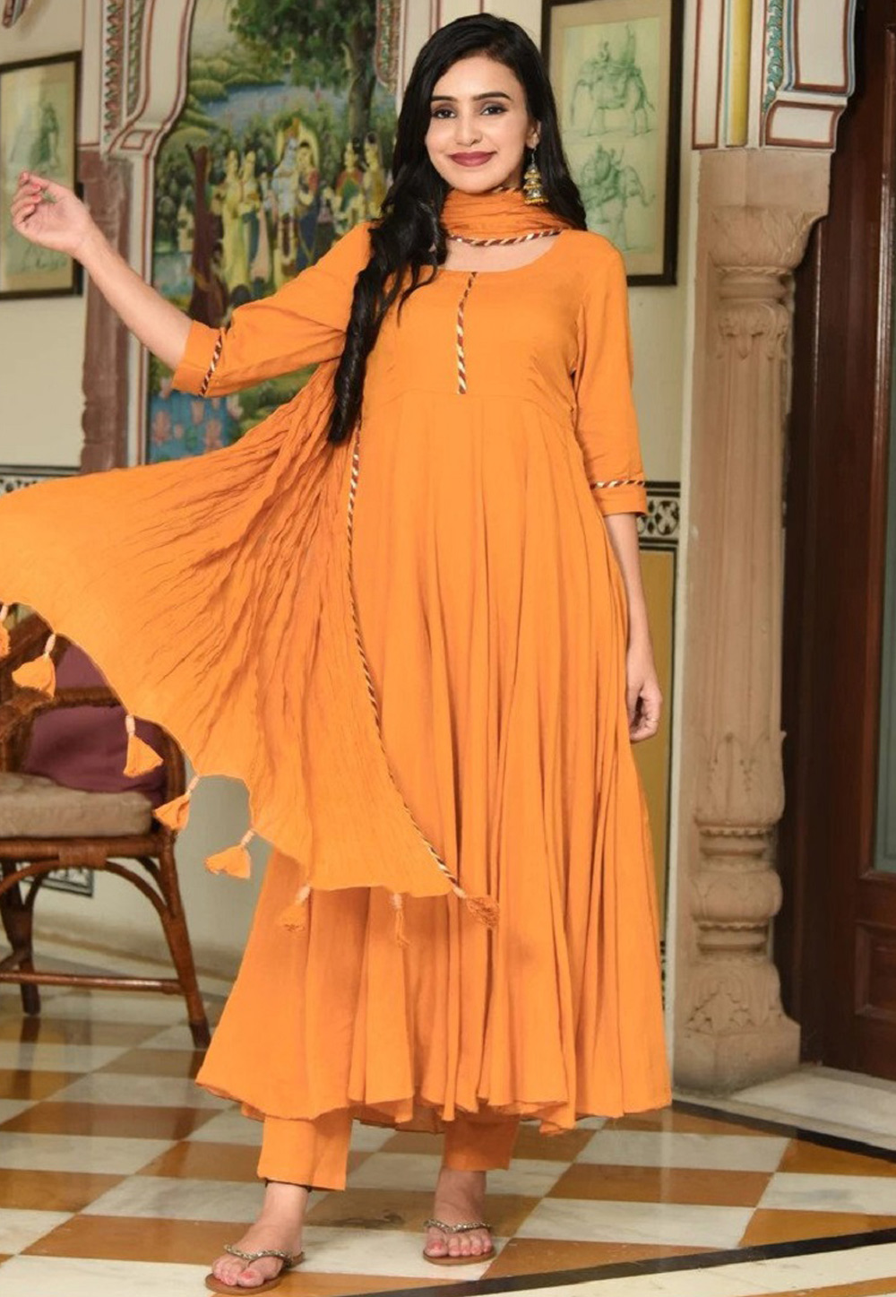 Orange Cotton Silk Anarkali Style Suit 201272