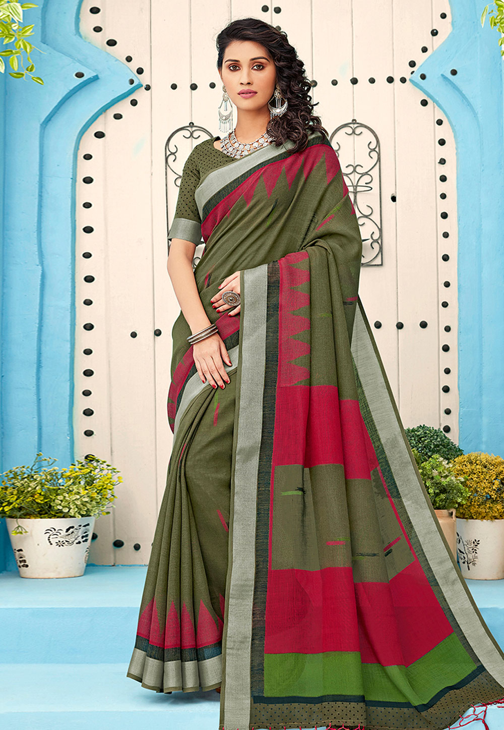 Green Linen Printed Festival Wear Saree 205749