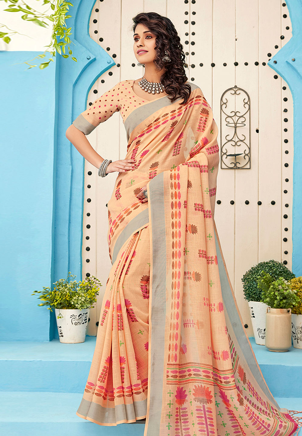 Peach Linen Printed Saree With Blouse 205750