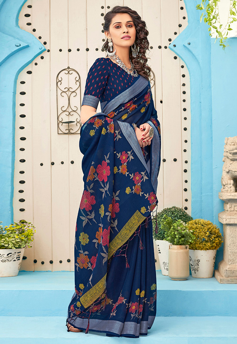 Navy Blue Linen Printed Saree With Blouse 205752