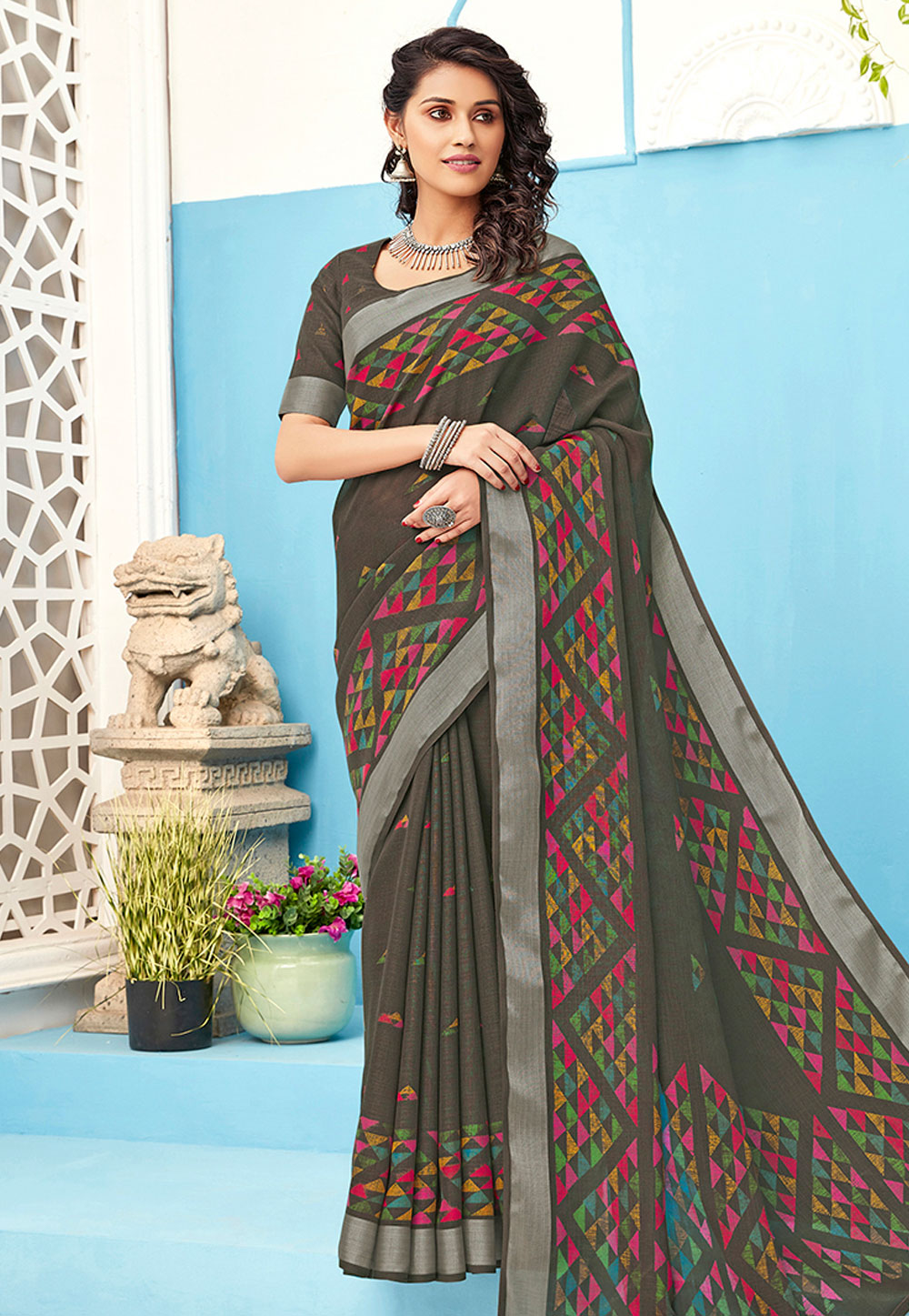 Dark Green Linen Printed Saree With Blouse 205754