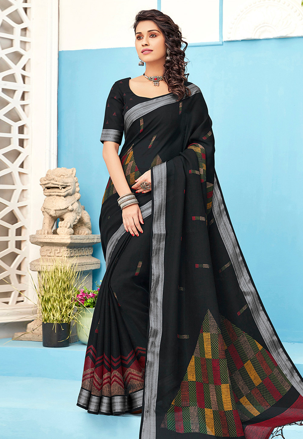 Black Linen Printed Saree With Blouse 205756