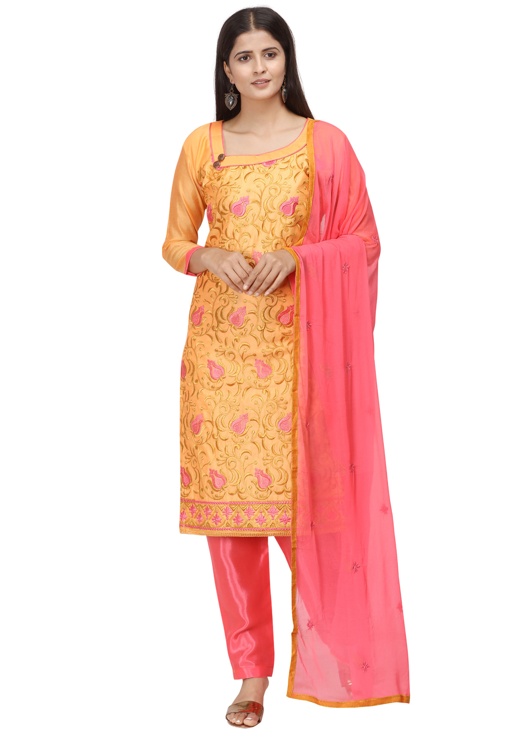 Yellow Chanderi Cotton Pant Style Suit 205959