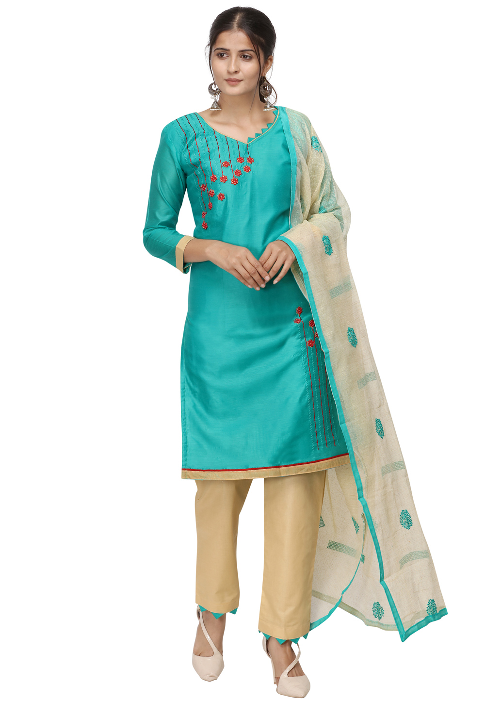 Turquoise Chanderi Cotton Pant Style Suit 206065