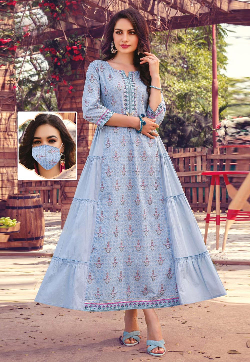 Sky Blue Cotton Readymade Tunic With Mask 206190