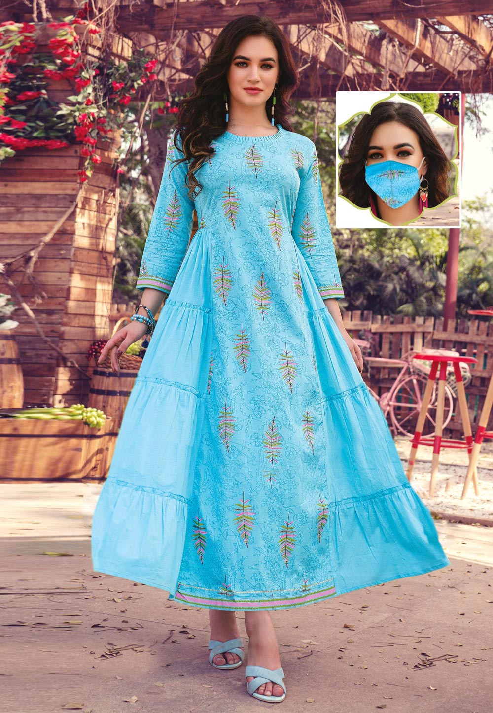 Sky Blue Cotton Readymade Tunic With Mask 206192