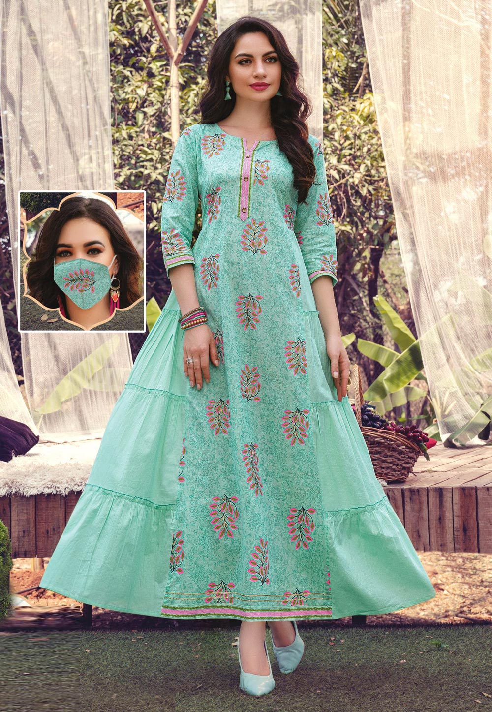 Sea Green Cotton Readymade Tunic With Mask 206194