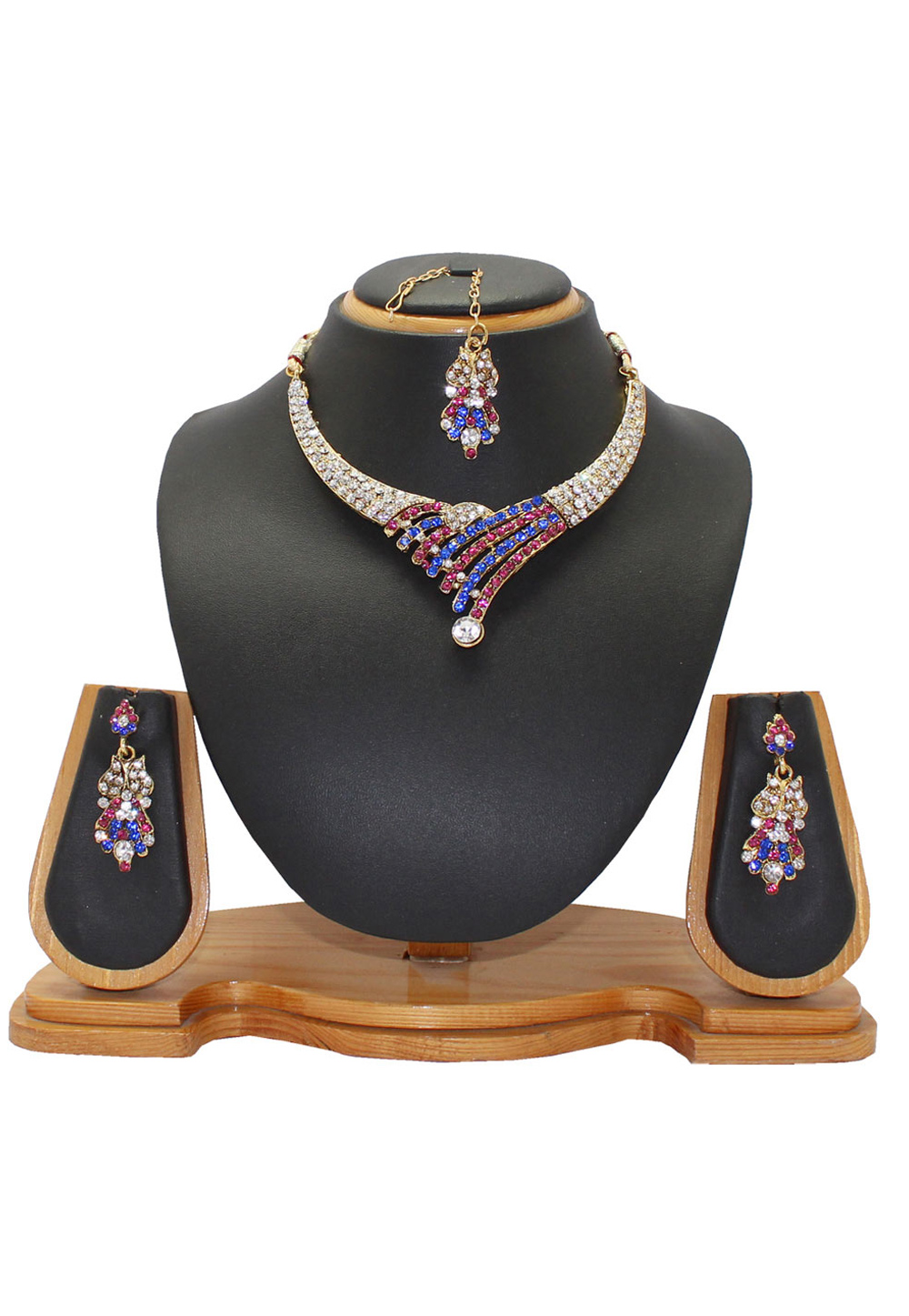 Blue Alloy Austrian Diamonds Necklace With Earrings and Maang Tikka 64337