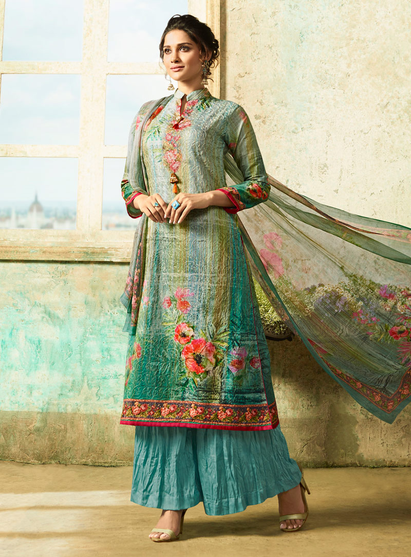 Green Cotton Palazzo Style Suit 140520