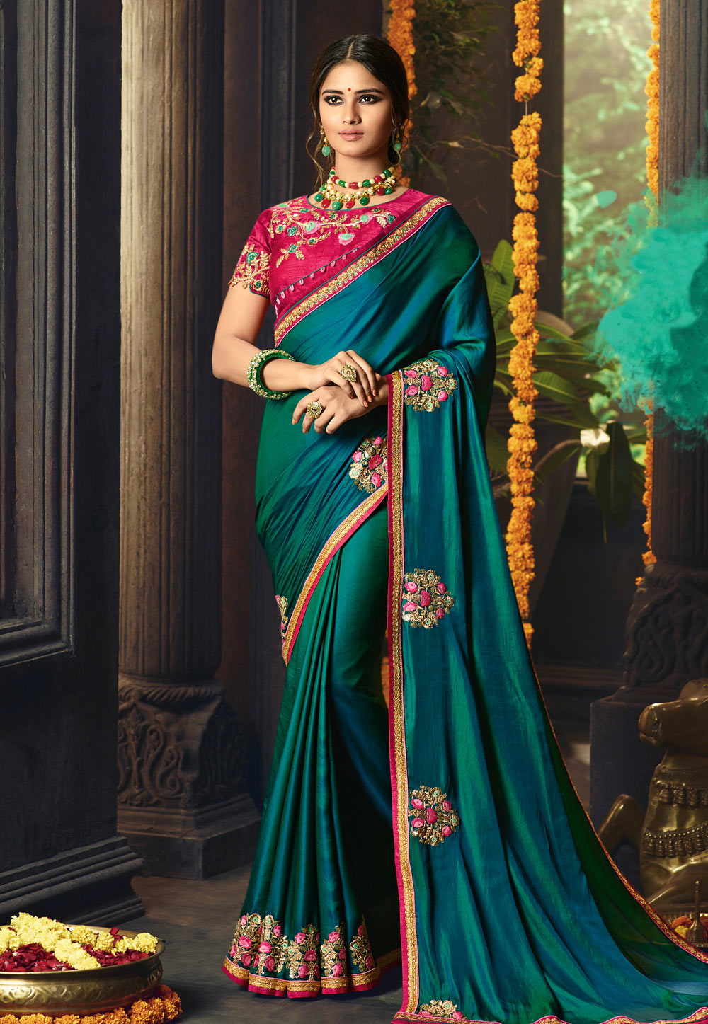 Teal Blue Silk Embroidered Saree With Blouse  154618
