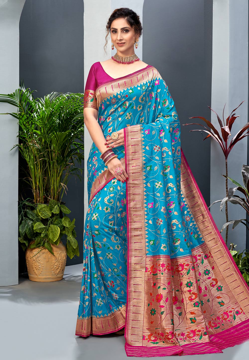 Sky Blue Art Silk Paithani Saree With Blouse 225501