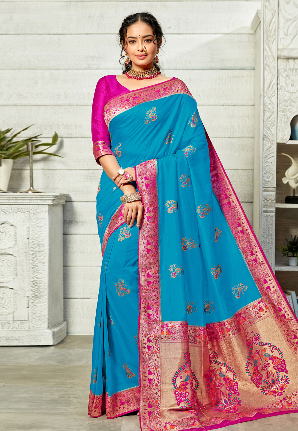 Blue Art Silk Paithani Saree 223172
