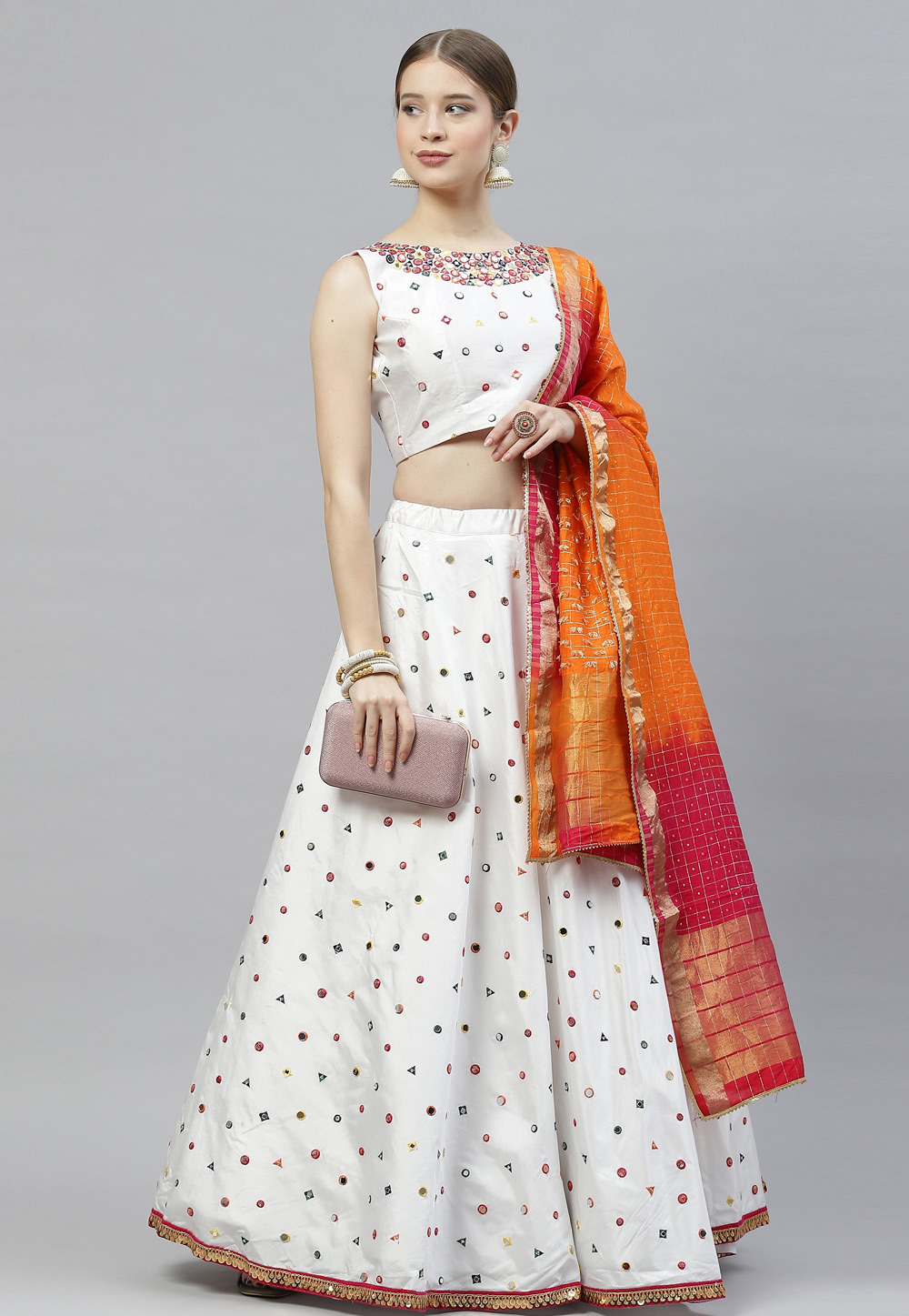 White & Orange Polka Printed Lehenga Saree Set Design by Saaj By Ankita at  Pernia's Pop Up Shop 2024