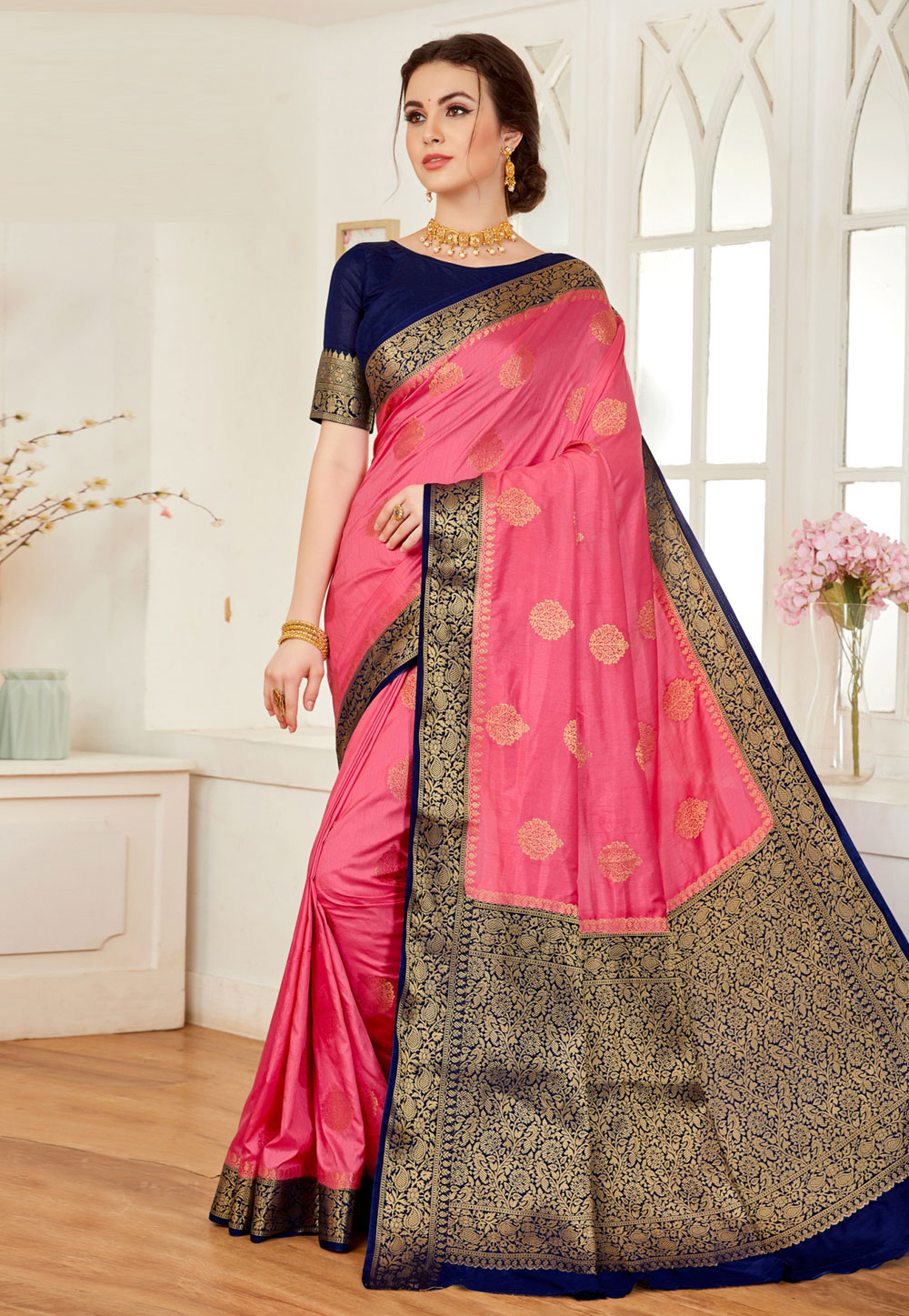 Pink Raw Silk Saree With Blouse 252658