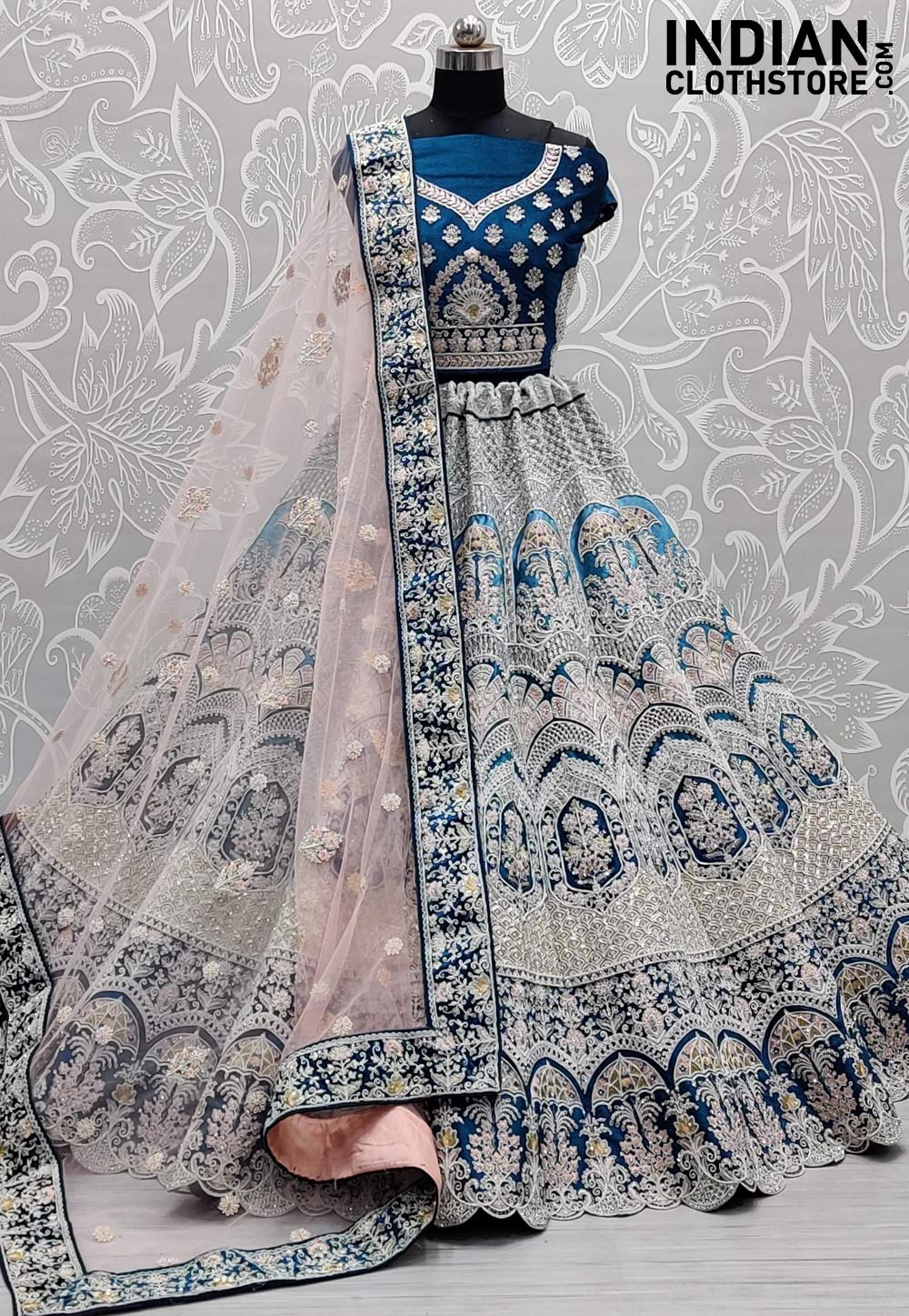 Blue Velvet Wedding Lehenga Choli 237005