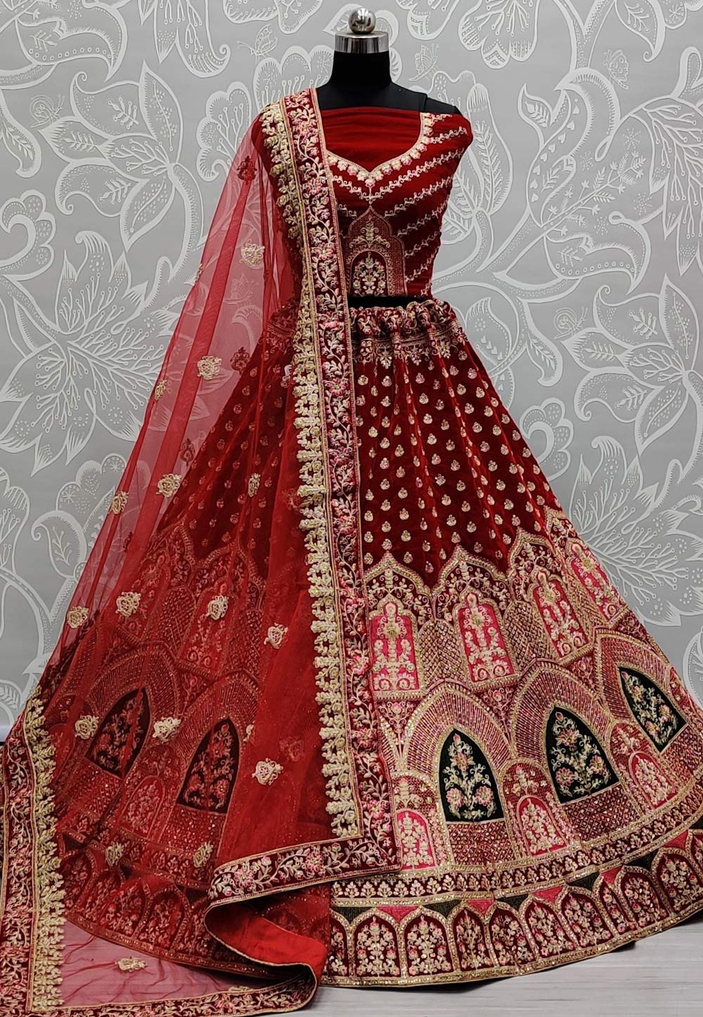 Maroon Velvet Bridal Lehenga Choli 241934