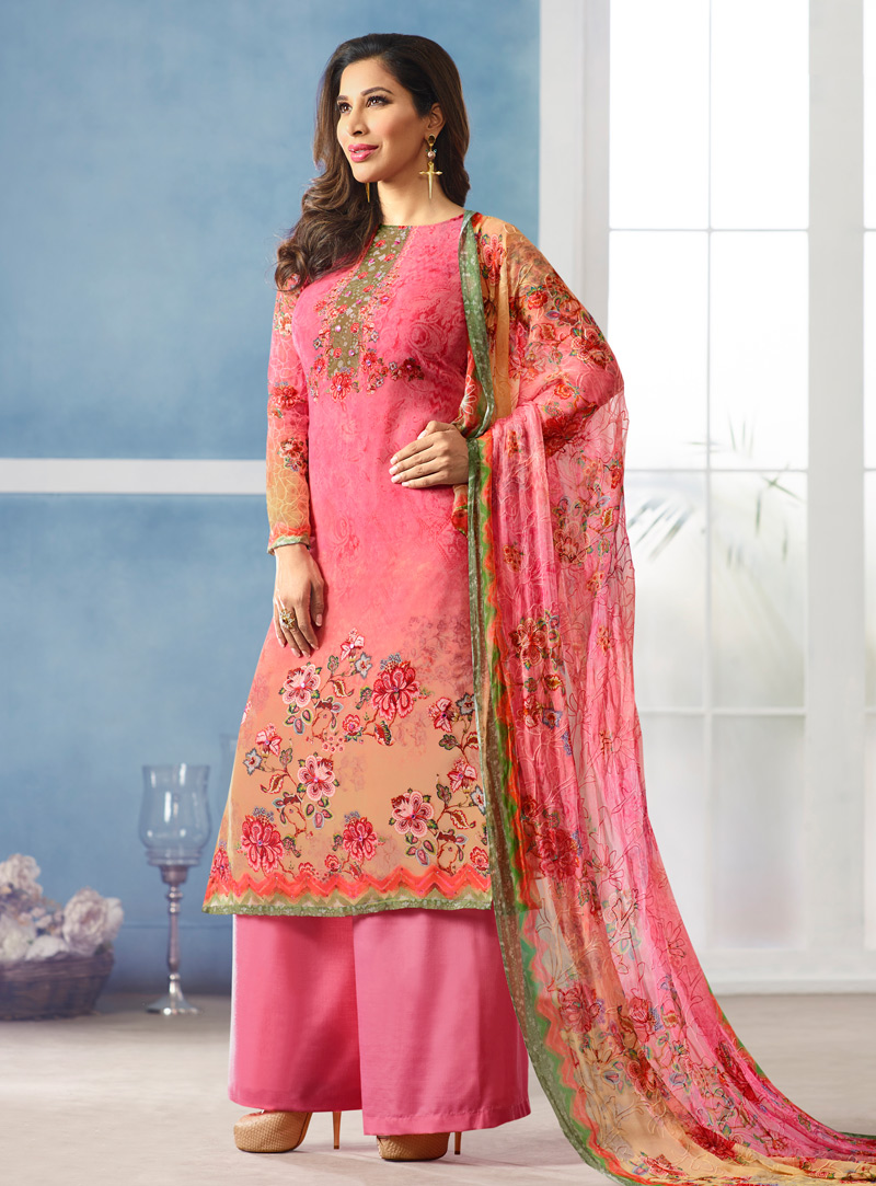 Sophie Choudry Pink Georgette Palazzo Style Suit 136920