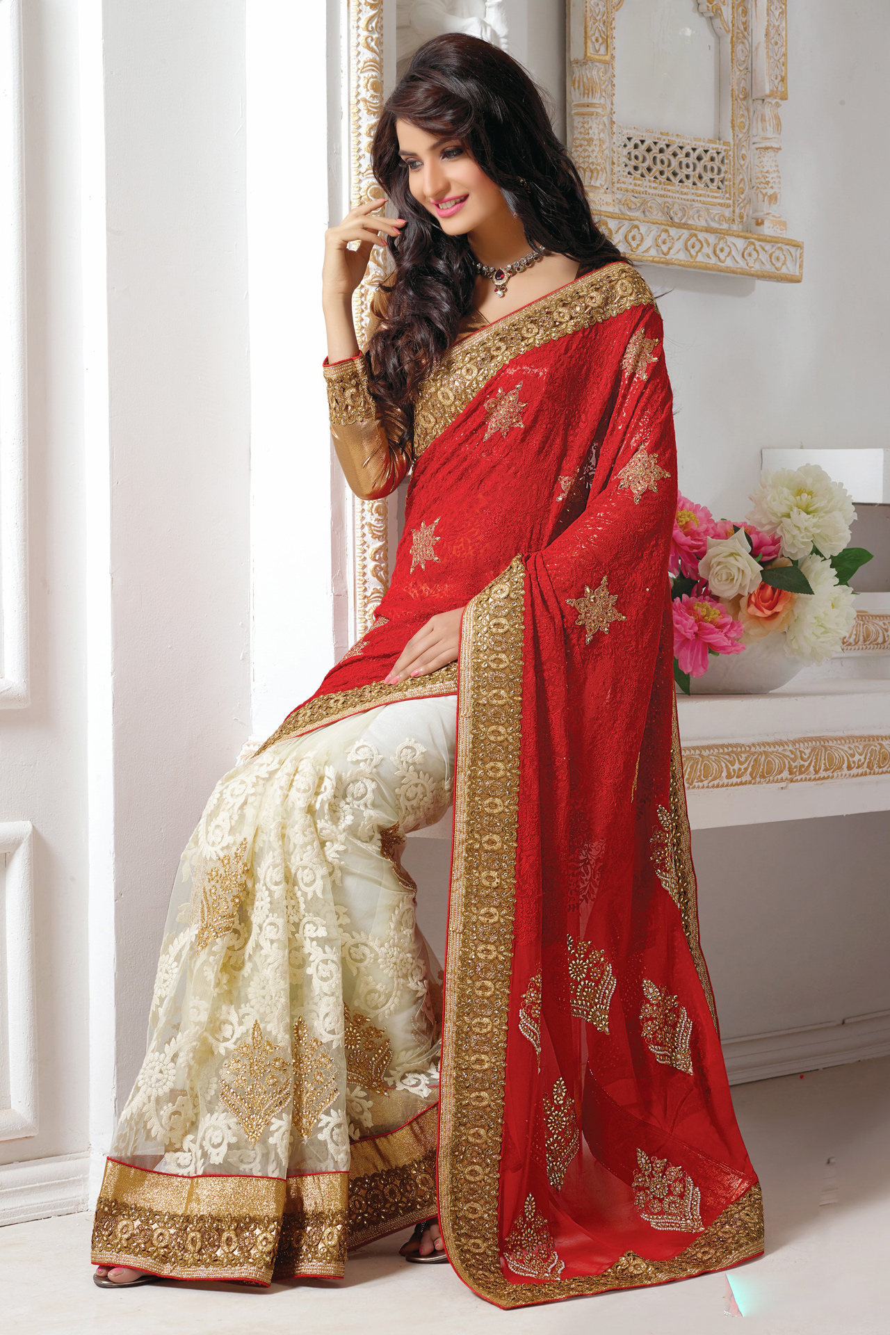 Red and Off White Faux Georgette Resham Work Wedding Saree 39398