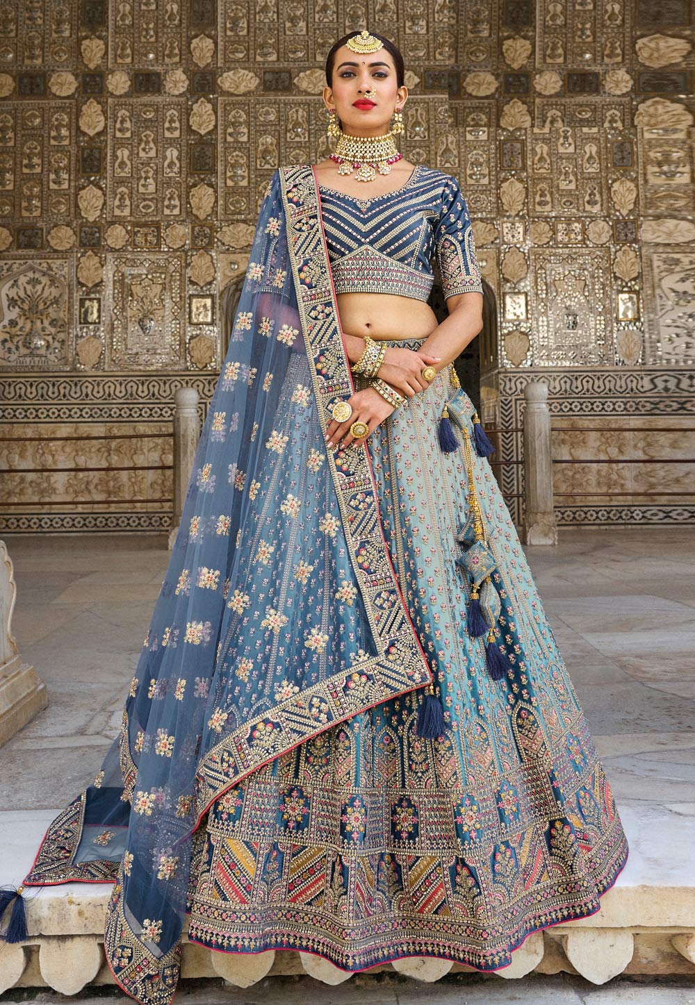 Sky Blue Banarasi Silk Circular Lehenga Choli 251815