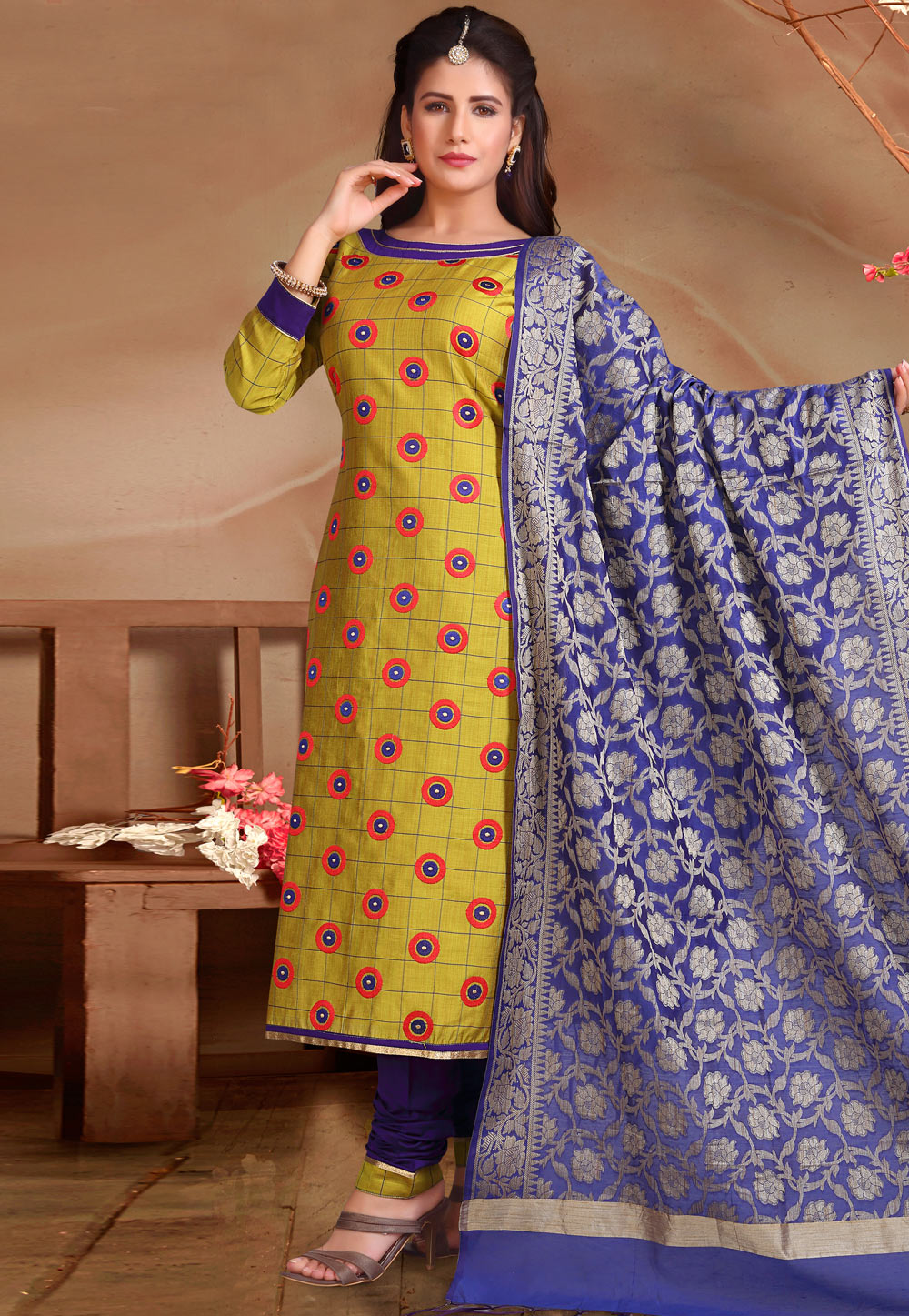 Yellow Silk Cotton Cambric Churidar Suit 166735
