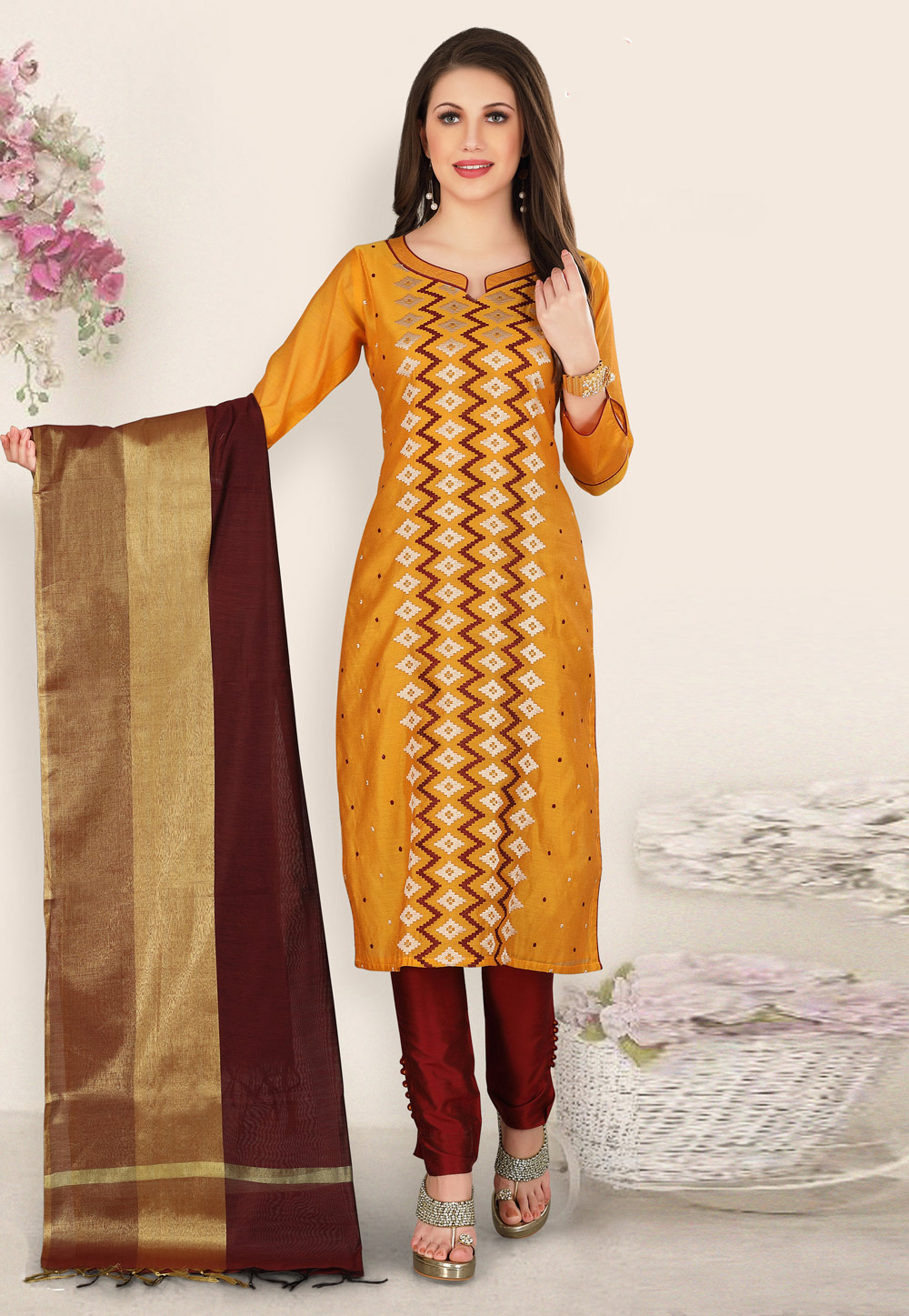 Mustard Banarasi Pant Style Suit 211049