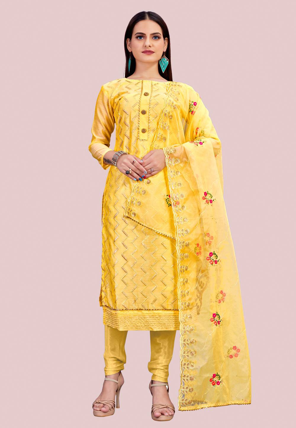 Yellow Chanderi Churidar Suit 238017