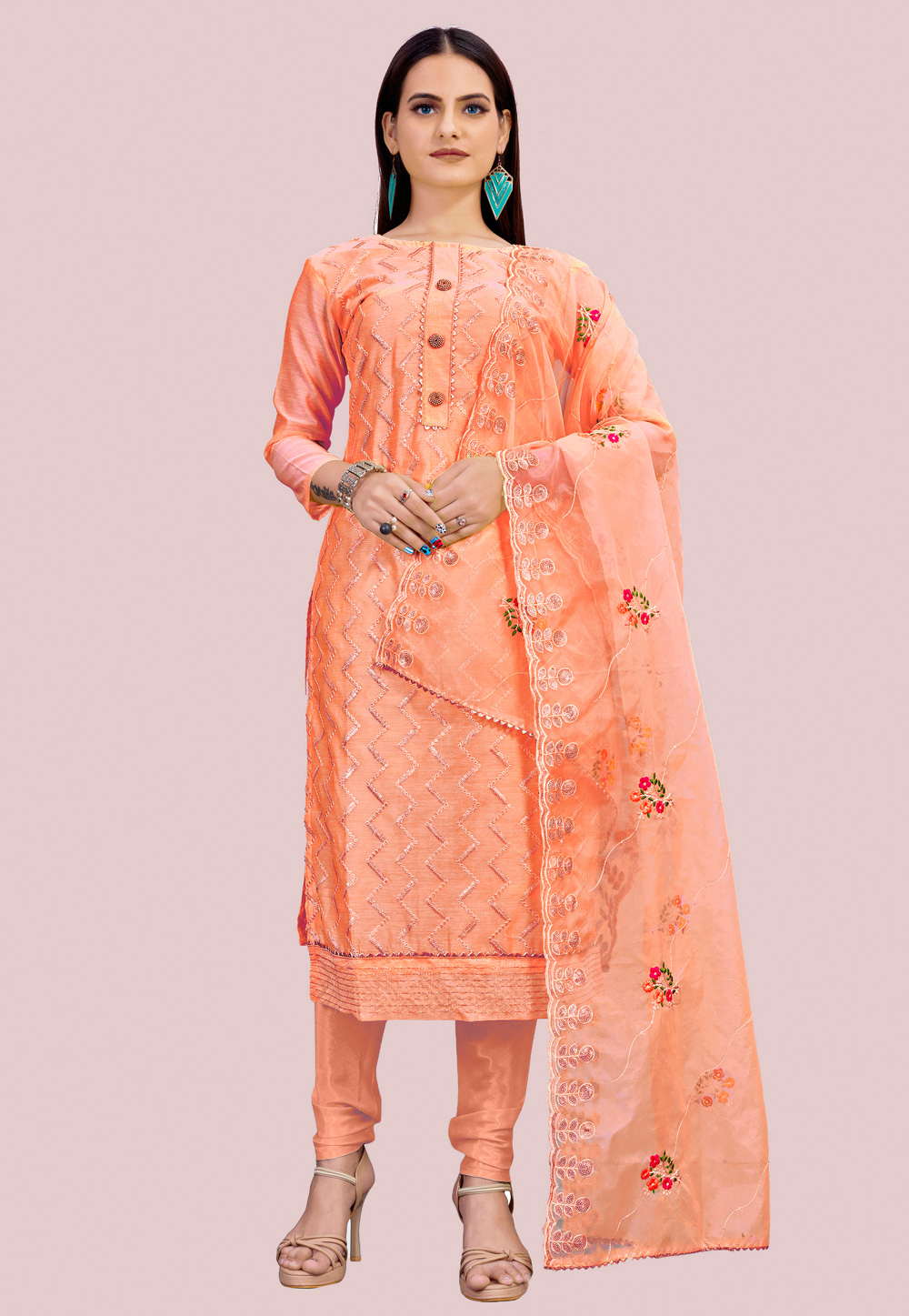 Peach Chanderi Churidar Salwar Suit 238020