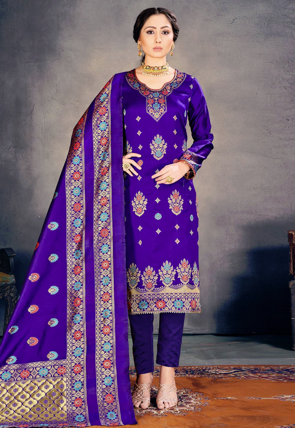 Blue Banarasi Silk Pant Style Suit 221255