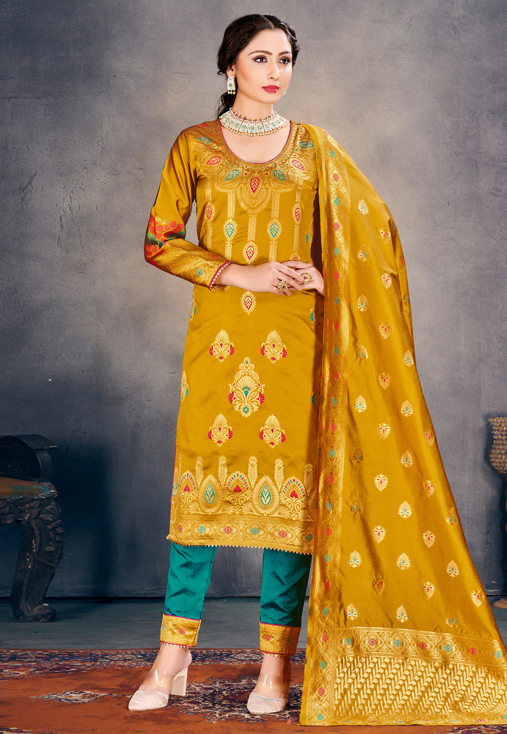Mustard Banarasi Silk Kameez With Pant 221262