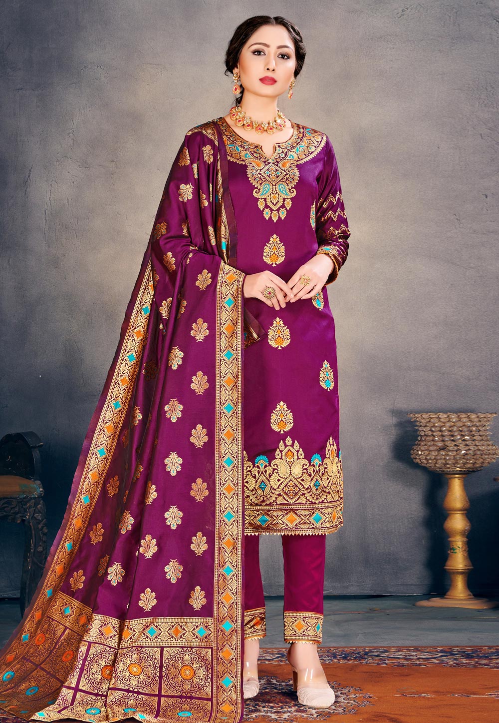 Purple Banarasi Silk Pant Style Suit 221265
