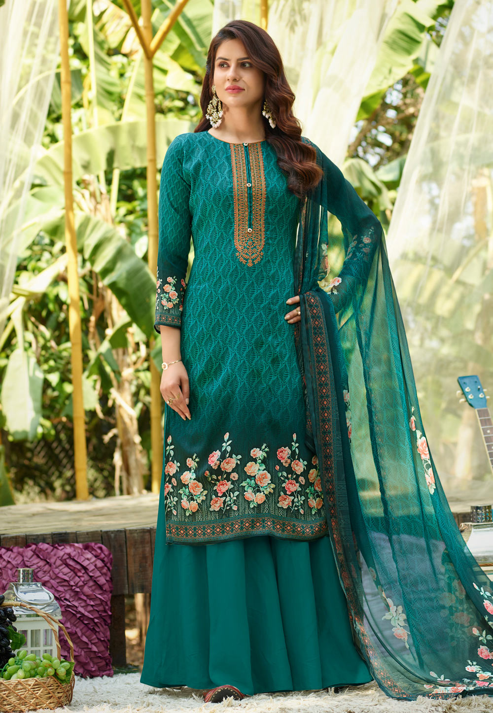 Teal Cotton Kameez With Palazzo 221274
