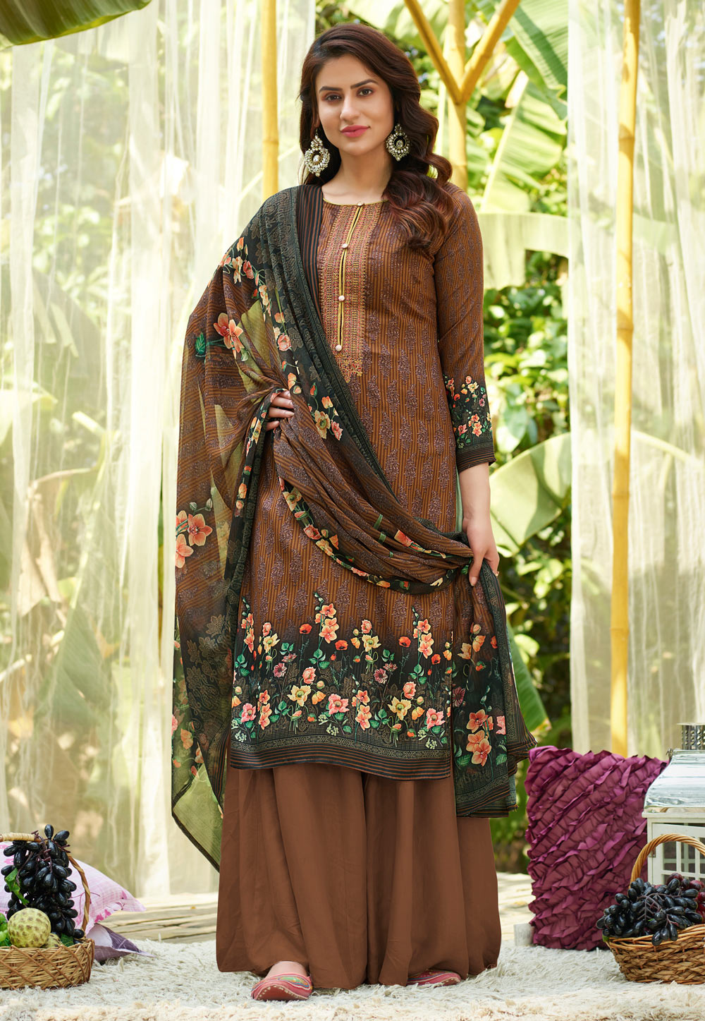 Brown Cotton Palazzo Suit 221275
