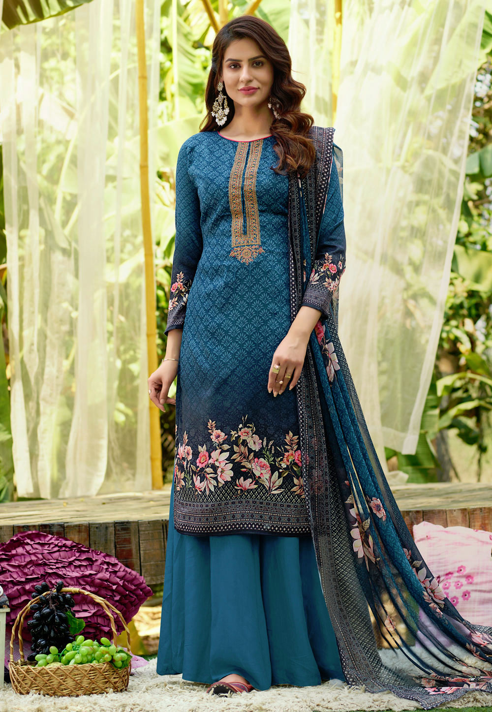 Blue Cotton Kameez With Palazzo 221278