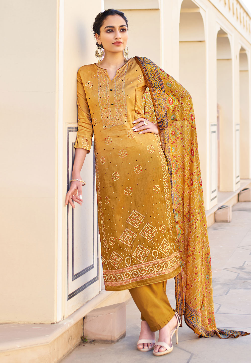 Mustard Cotton Kameez With Palazzo 221473