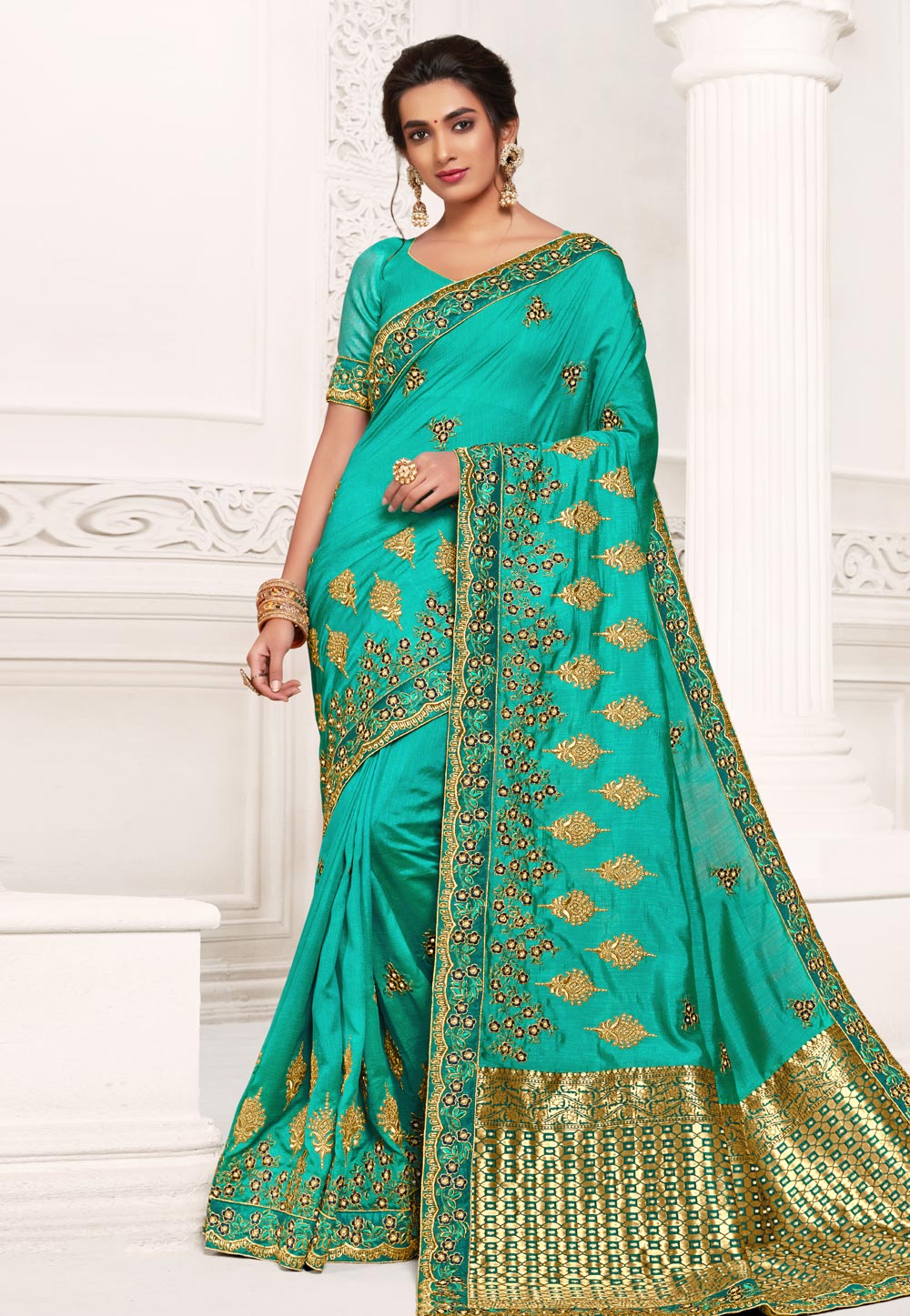Turquoise Silk Saree With Blouse 221773