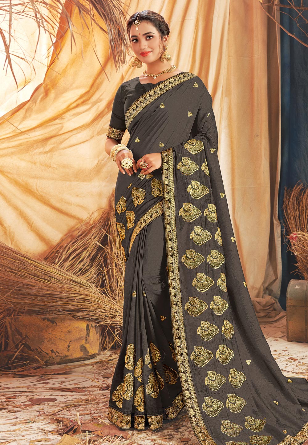 Dark Grey Silk Saree With Blouse 222175