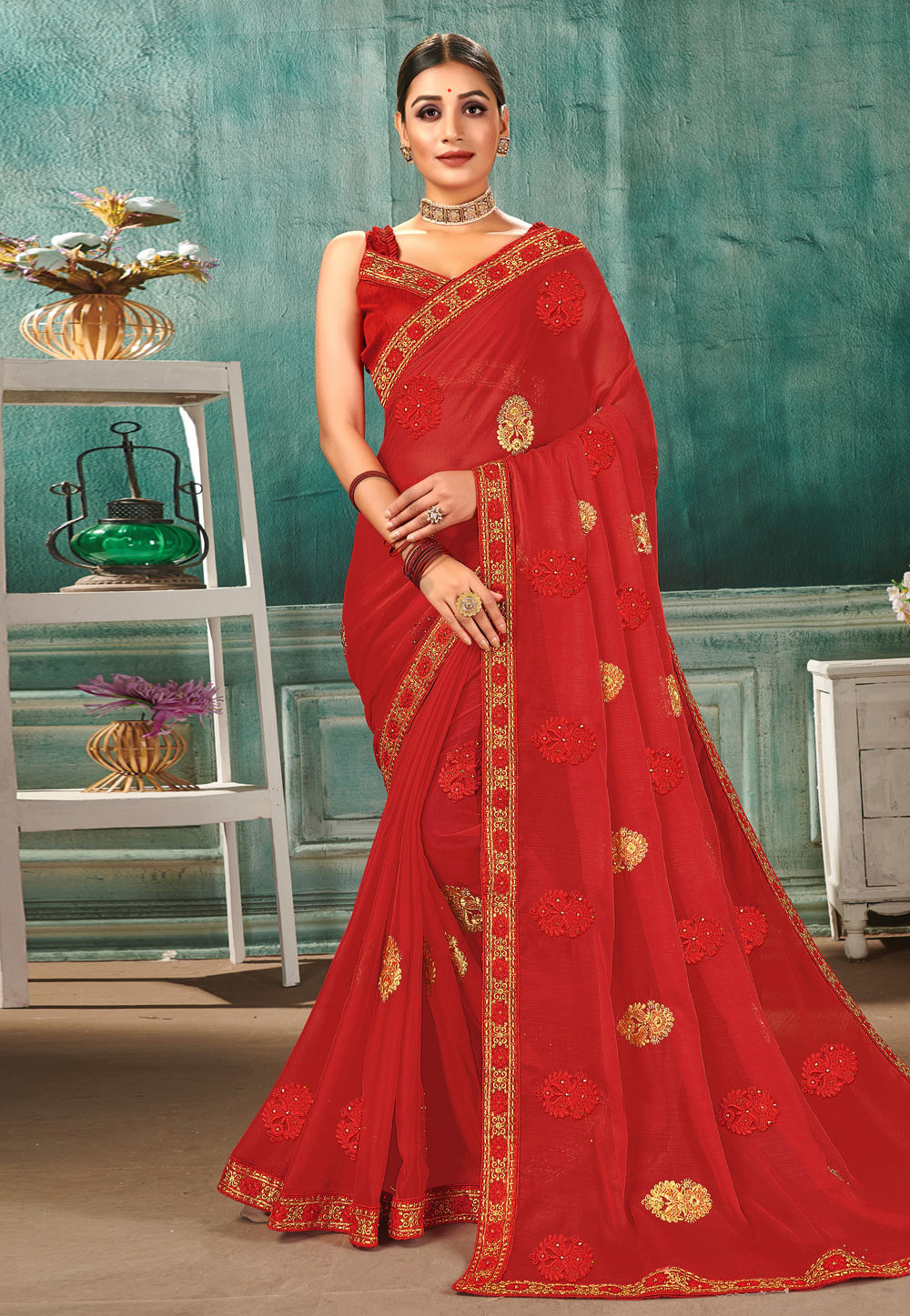 Red Chiffon Saree With Blouse 222367