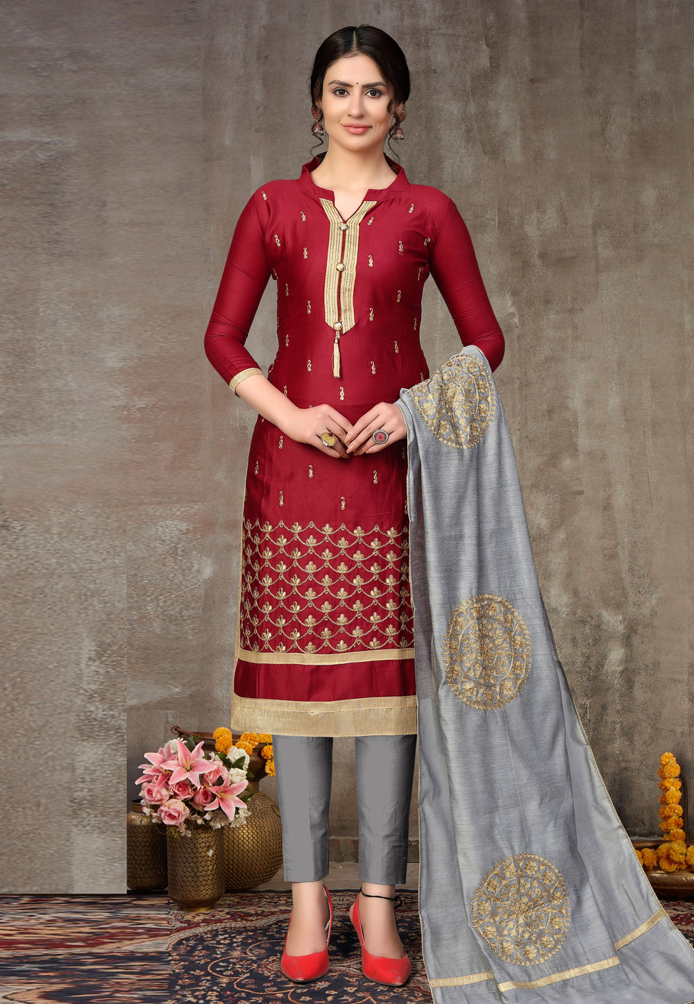 Maroon Cotton Kameez With Pant 222691