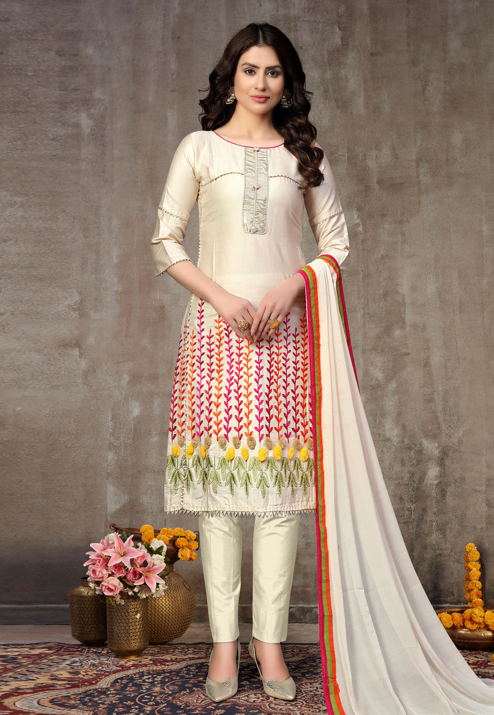 Off White Cotton Kameez With Pant 222695