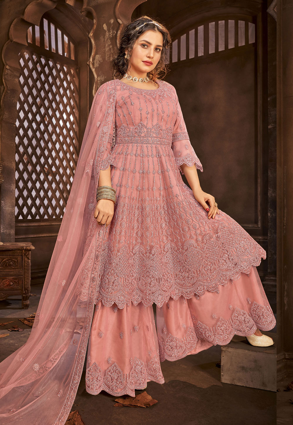 Pink Net Embroidered Palazzo Suit 222798