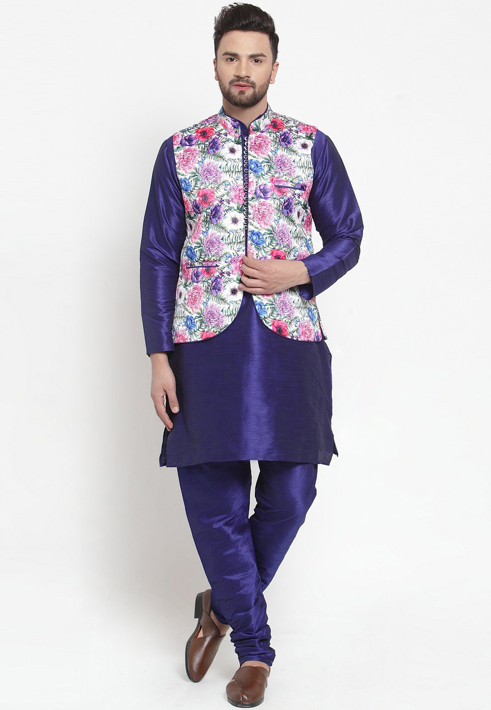 Blue Raw Silk Kurta Pajama With Jacket 222712