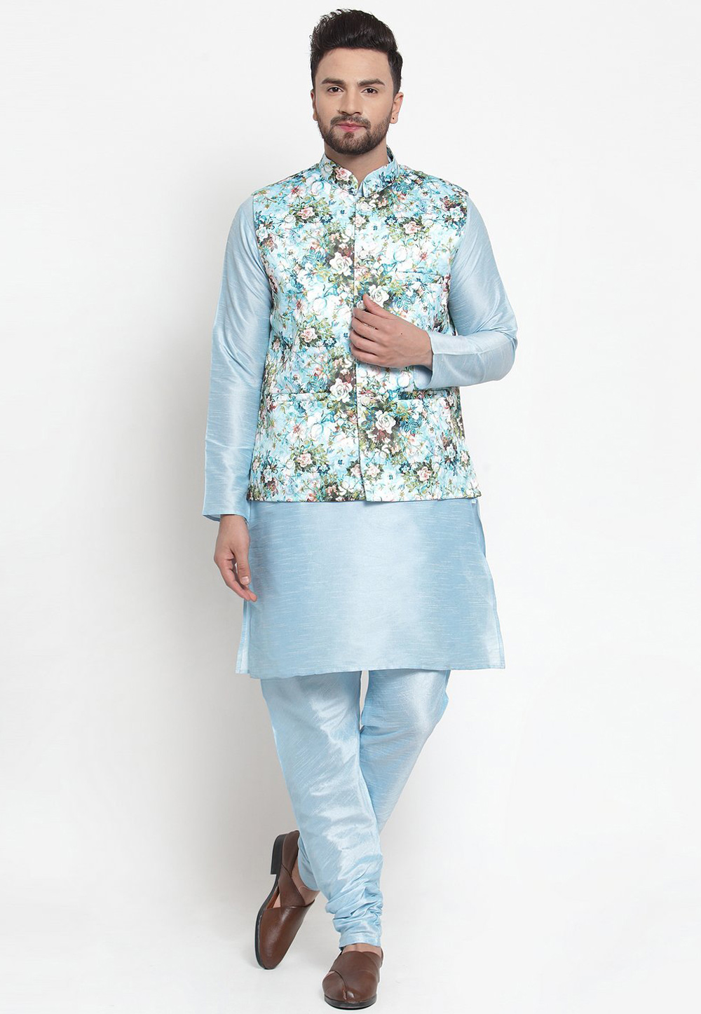 Sky Blue Raw Silk Kurta Pajama With Jacket 222713