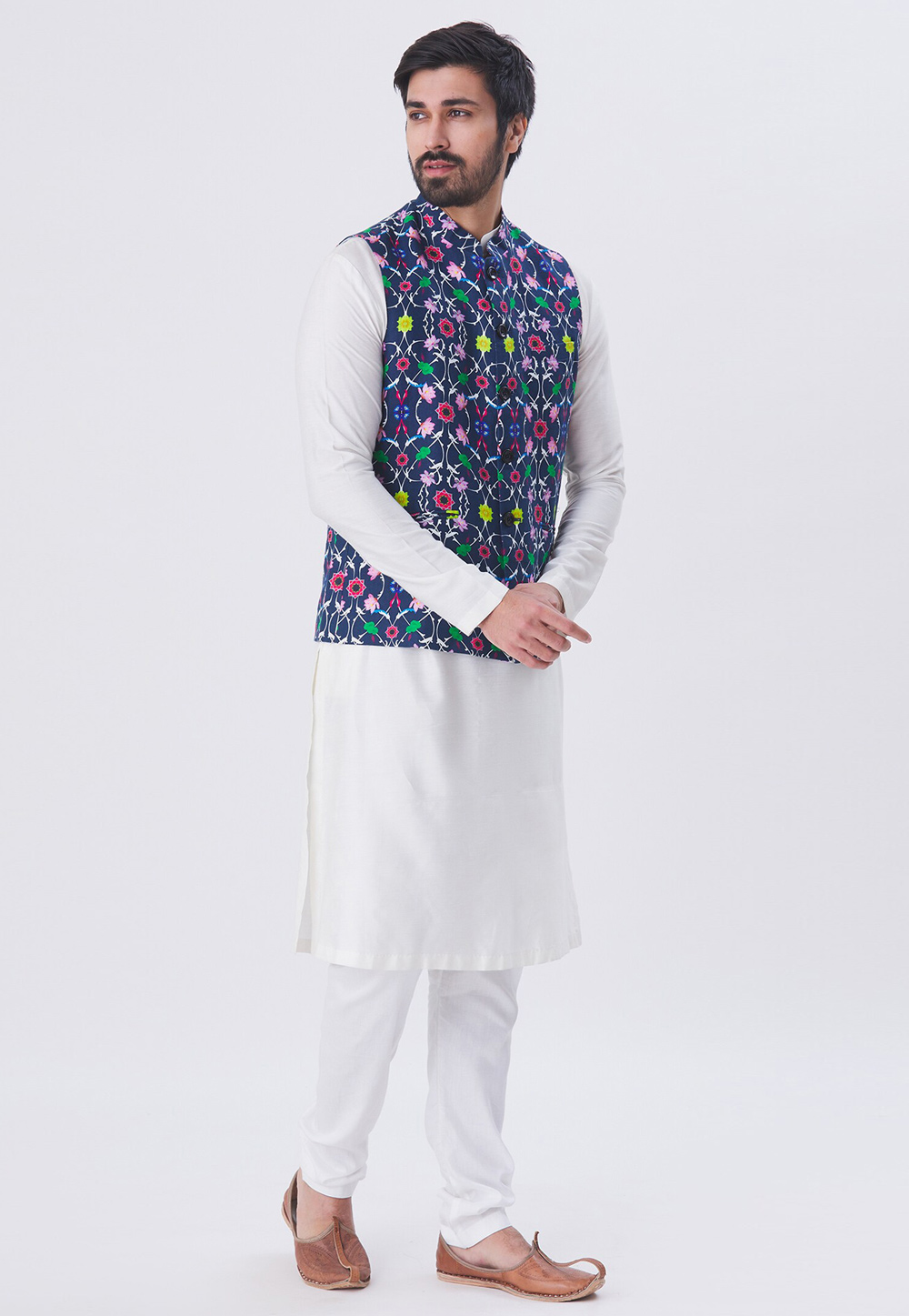 White Raw Silk Kurta Pajama With Jacket 222716